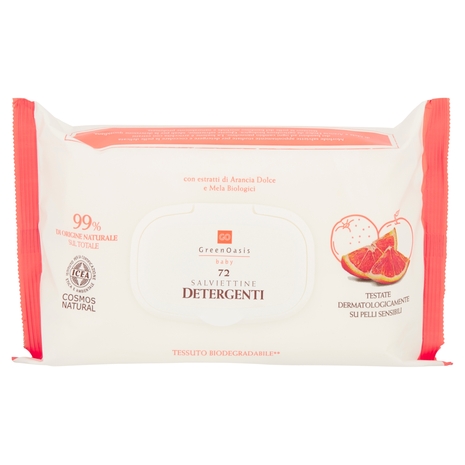 72 SALVIETTINE DETERGENTI con Estratti di Arancia Dolce e Mela Biologici, Green Oasis Baby